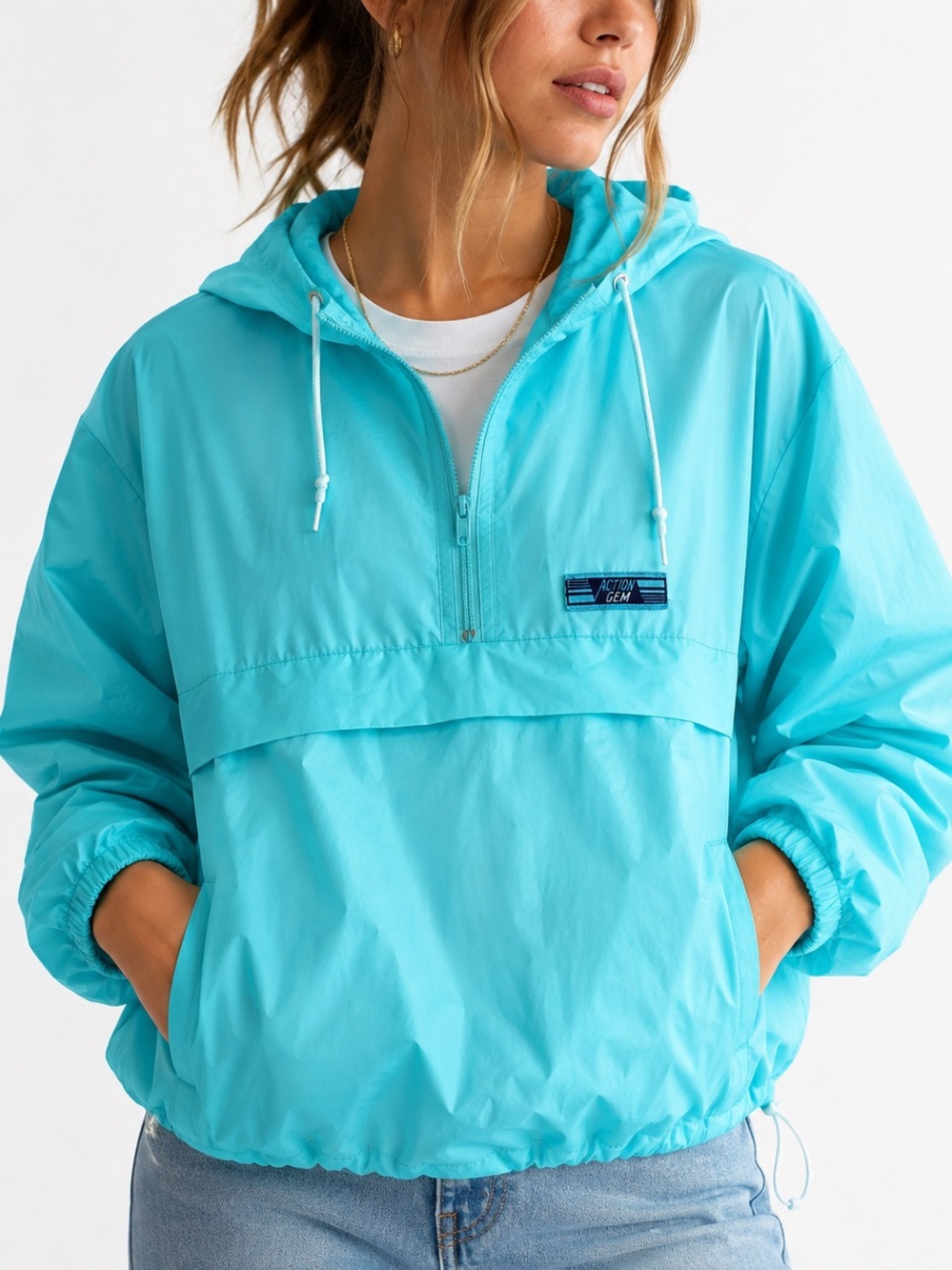 Vintage 90s Action Gem Aqua Hooded Windbreaker Pullover Jacket